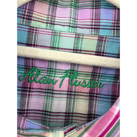 Alan Flusser Mens Plaid Button Down Long Cotton Sleeve Shirt Pink Green Large - Picture 3 of 5